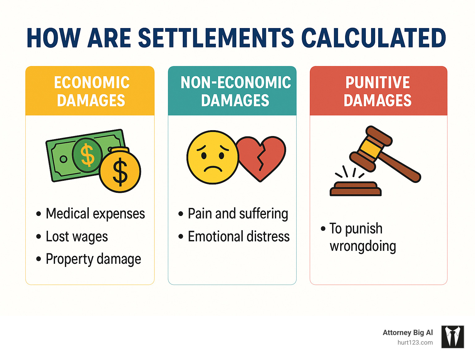 Infographic explaining the three main types of personal injury damages: Economic, Non-Economic, and Punitive, with examples for each - How are settlements calculated infographic Infographic explaining the three main types of personal injury damages: Economic, Non-Economic, and Punitive, with examples for each - How are settlements calculated infographic