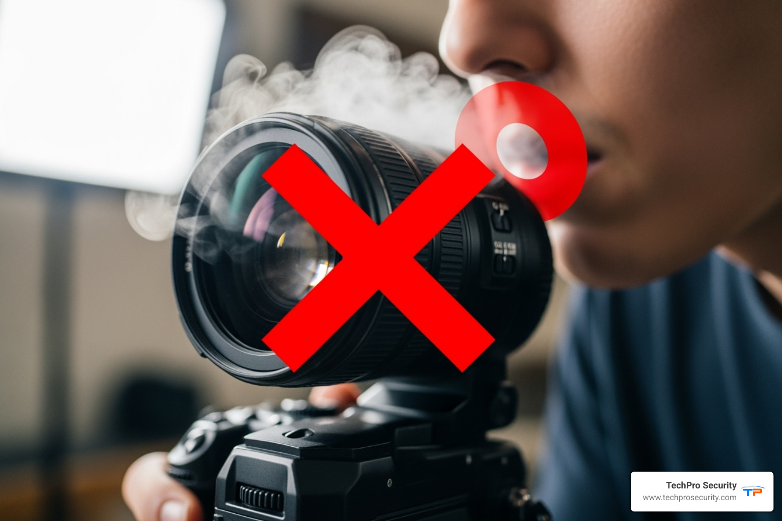 person blowing on a lens with their mouth with a red X - camera maintenance kit