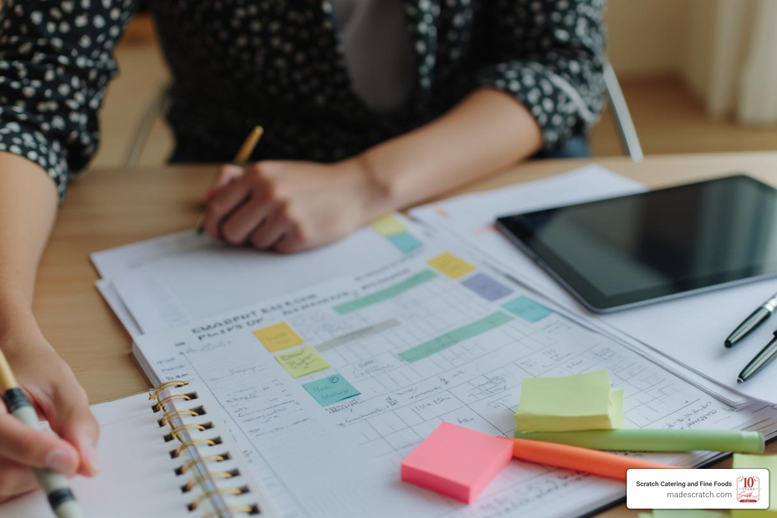 A person planning an event with a calendar and notepad, surrounded by event planning tools. - Catering Arlington TX A person planning an event with a calendar and notepad, surrounded by event planning tools. - Catering Arlington TX