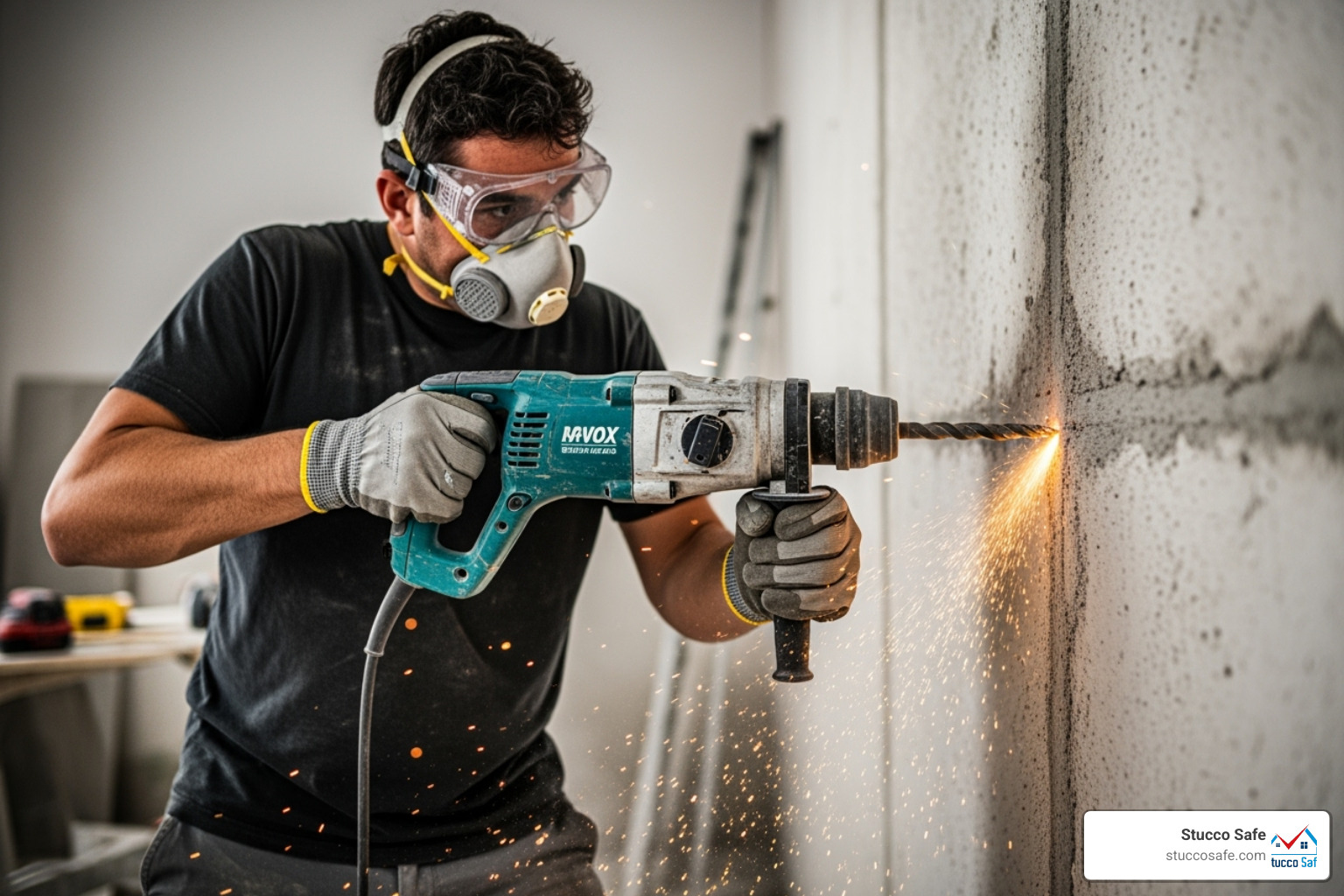 person wearing safety goggles and dust mask with hammer drill - best drill bit for stucco
