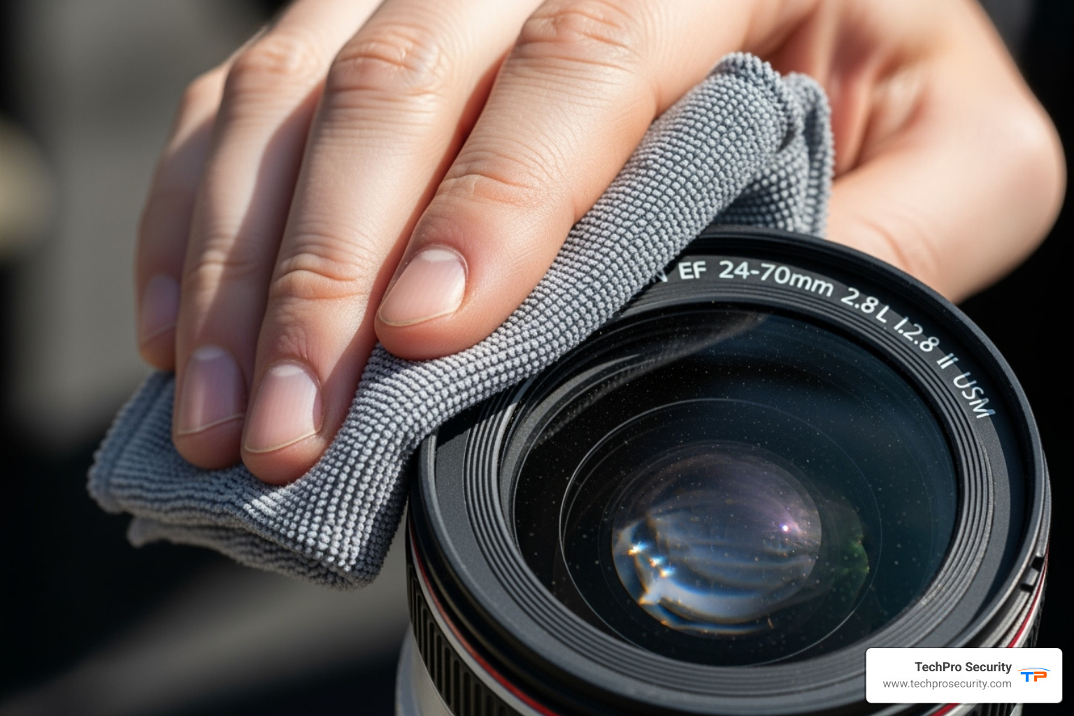 microfiber cloth being used to clean a lens - camera maintenance kit
