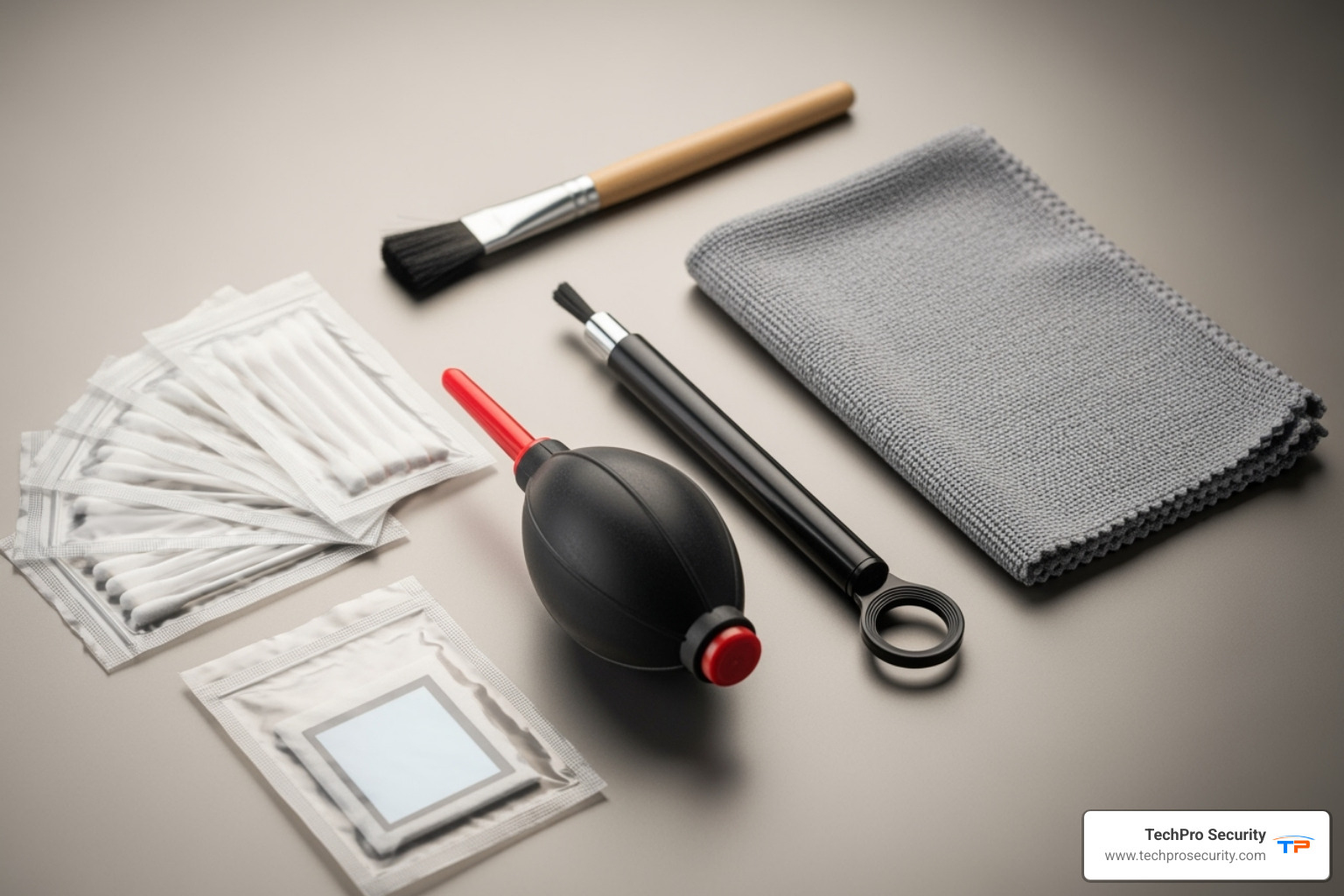 individual cleaning tools laid out - camera maintenance kit