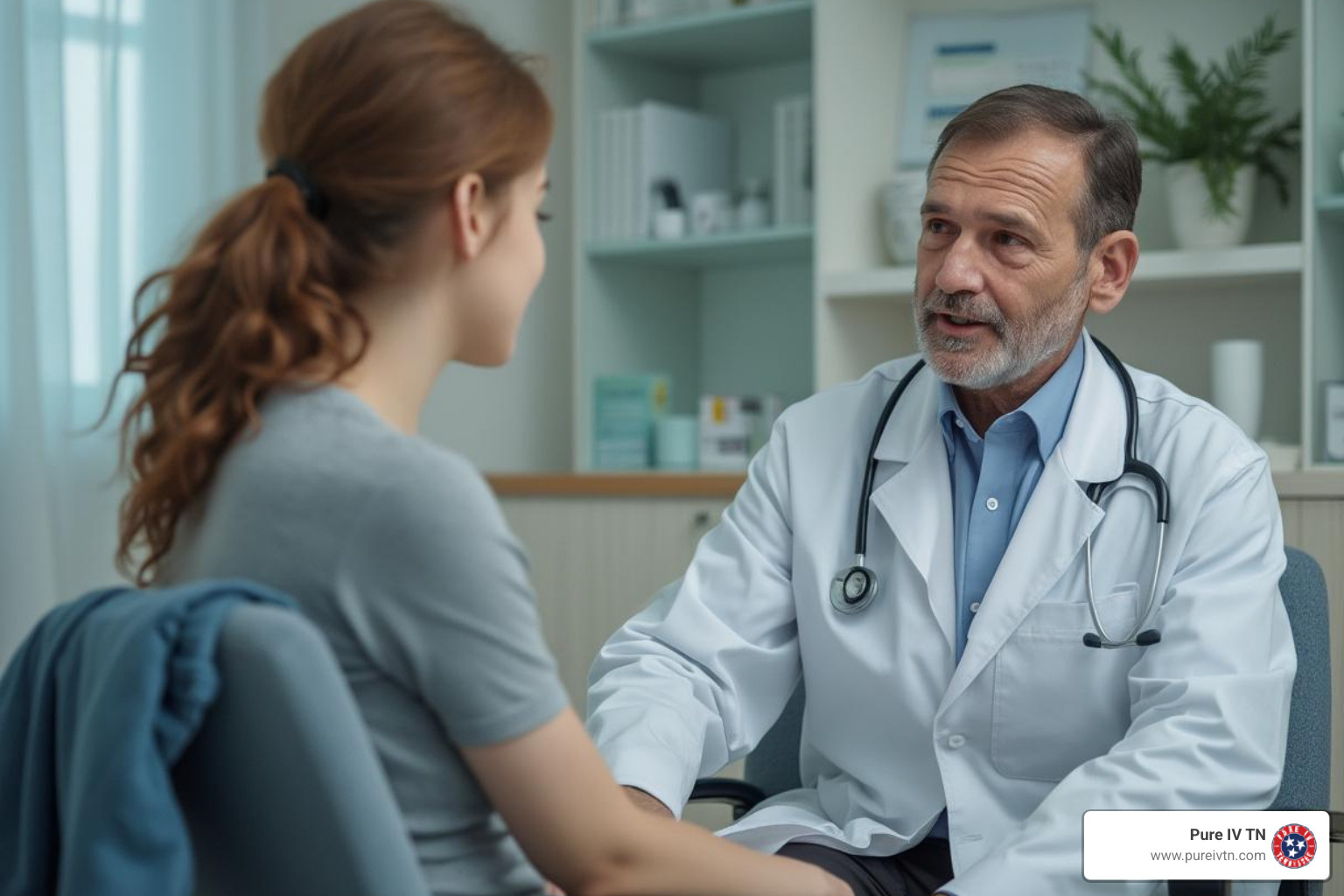 doctor consulting with a patient about their migraine history - iv migraine medication