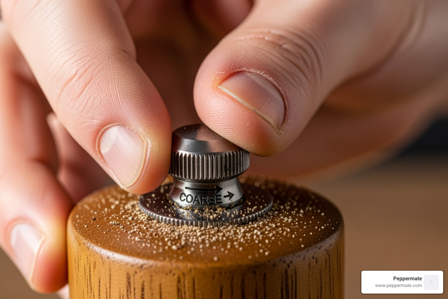Hand turning a Peppermate pepper mill knob counter-clockwise with an arrow indicating coarser grind - how to adjust grind on pepper mill