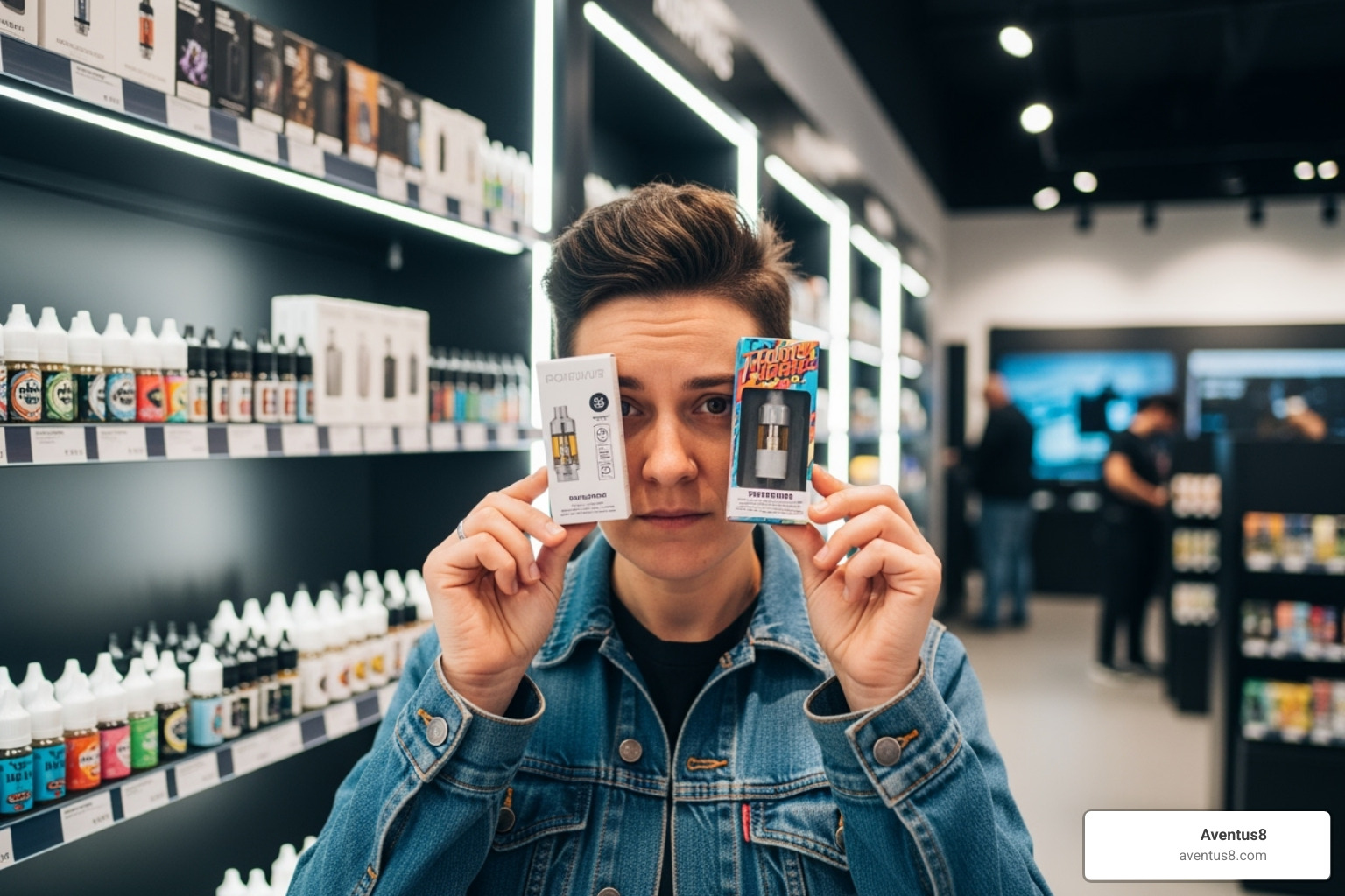 A person comparing two different vape cartridges in a store setting - Cheap THC vape cartridges