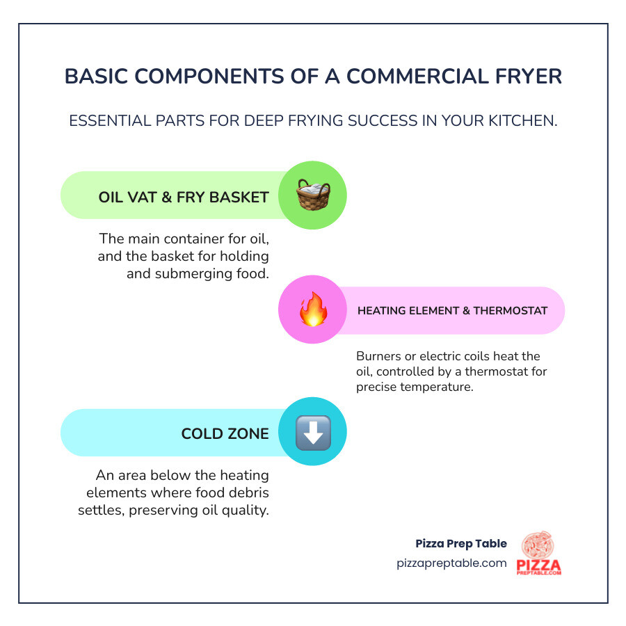 Infographic explaining the basic components of a commercial deep fryer: vat (the oil container), heating element/burners (what heats the oil), thermostat (controls temperature), cold zone (area below heating elements where food particles settle), and fry basket (holds food during frying). - commercial fryers infographic infographic-line-3-steps-colors