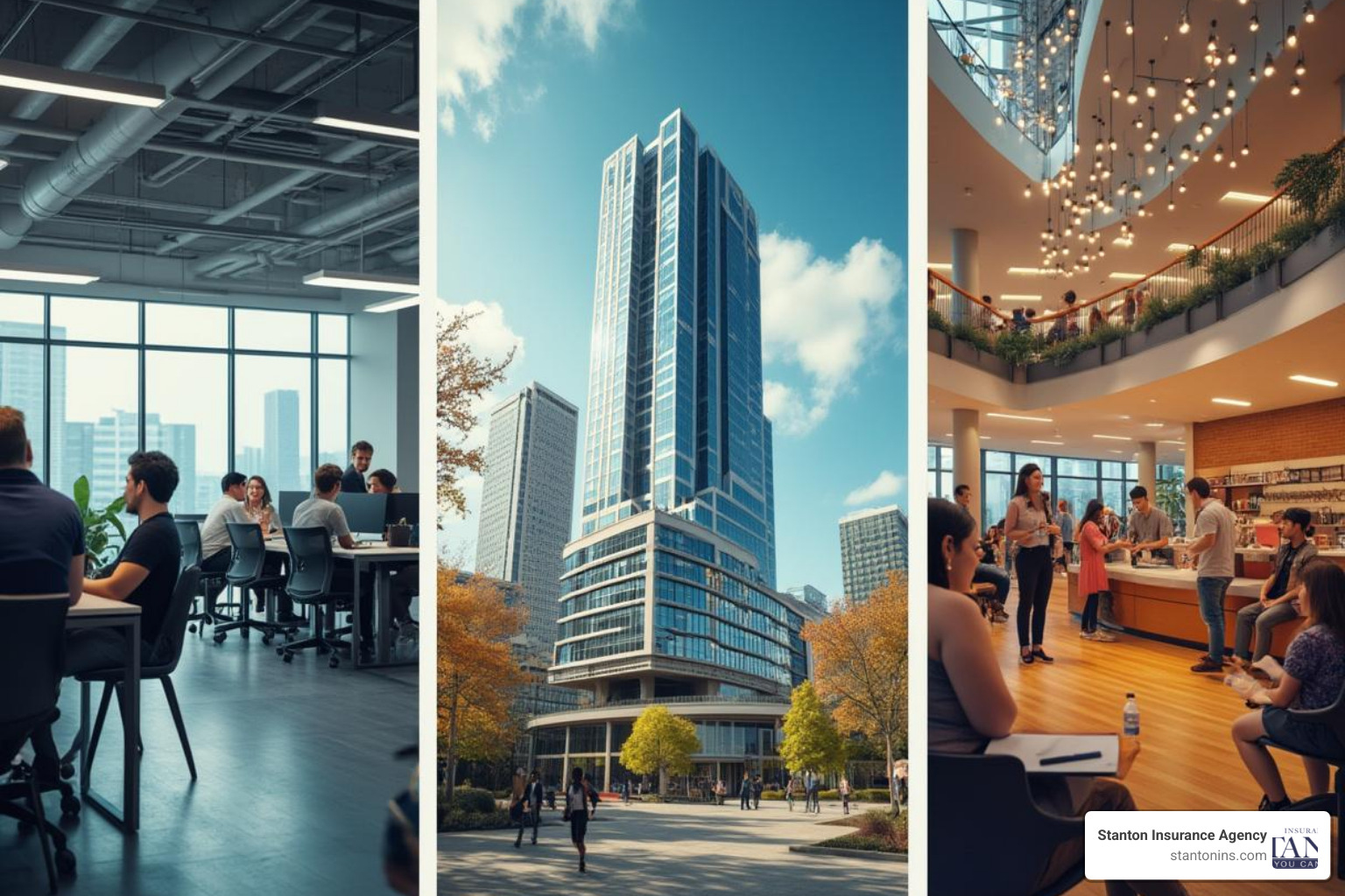Collage showing different business types: a tech startup, a large corporate building, and a nonprofit community center - directors and officers insurance