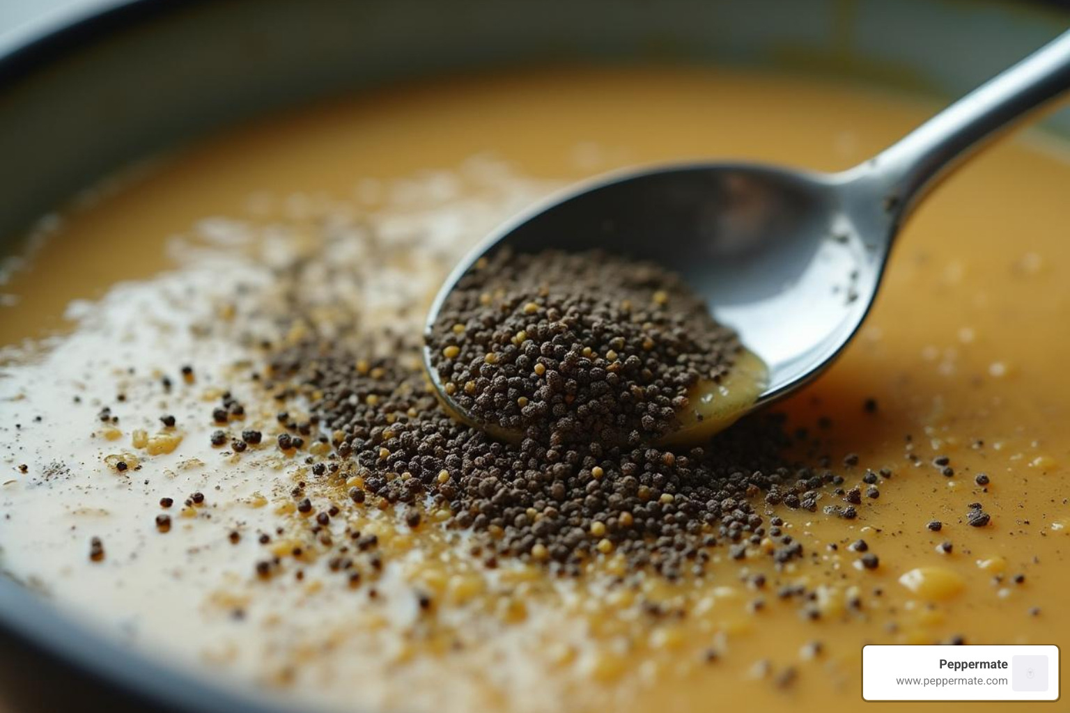 Finely ground pepper being stirred into a creamy soup - how to adjust grind on pepper mill