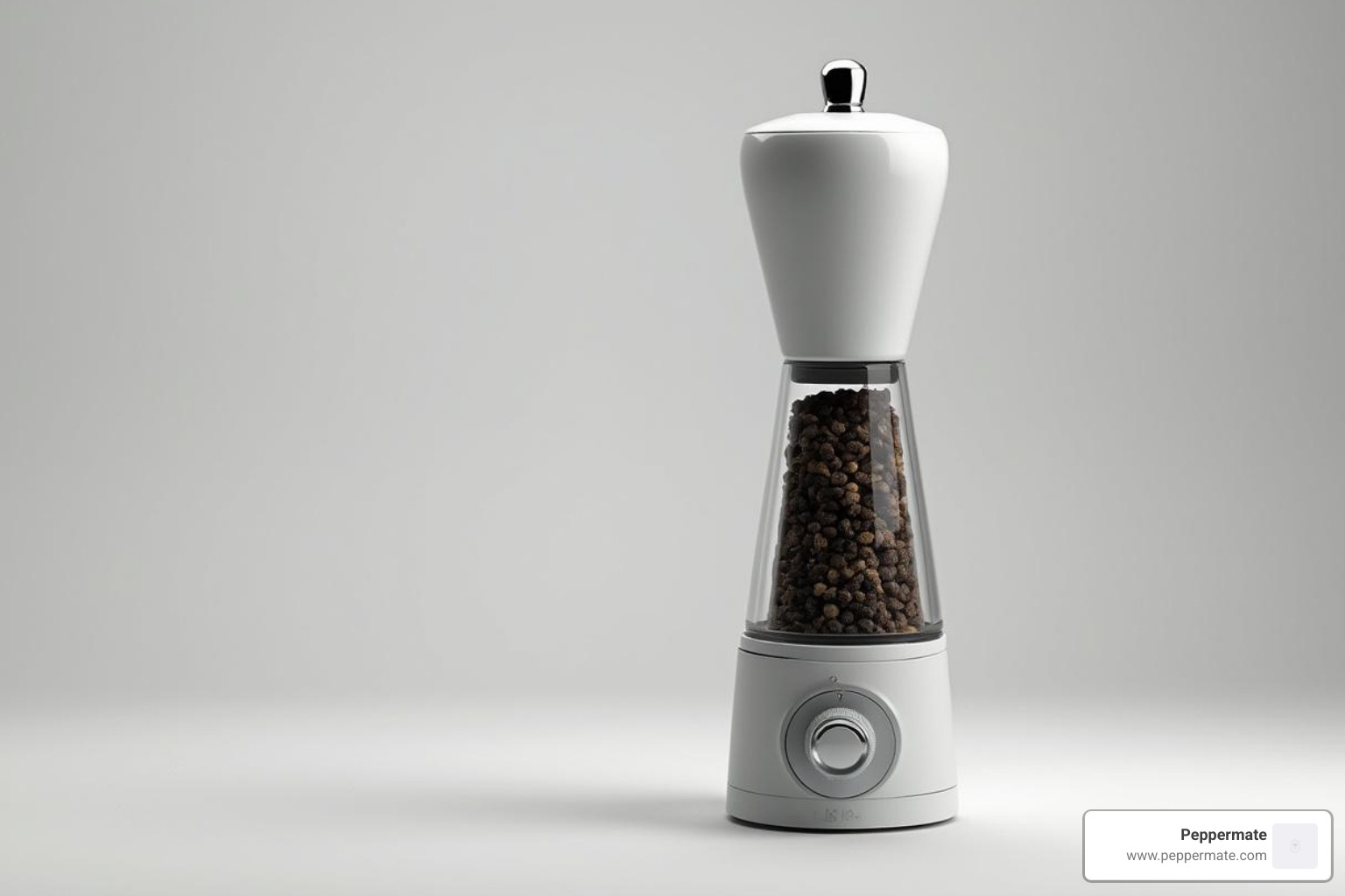 Modern Peppermate pepper mill with an adjustment dial on the base - how to adjust grind on pepper mill