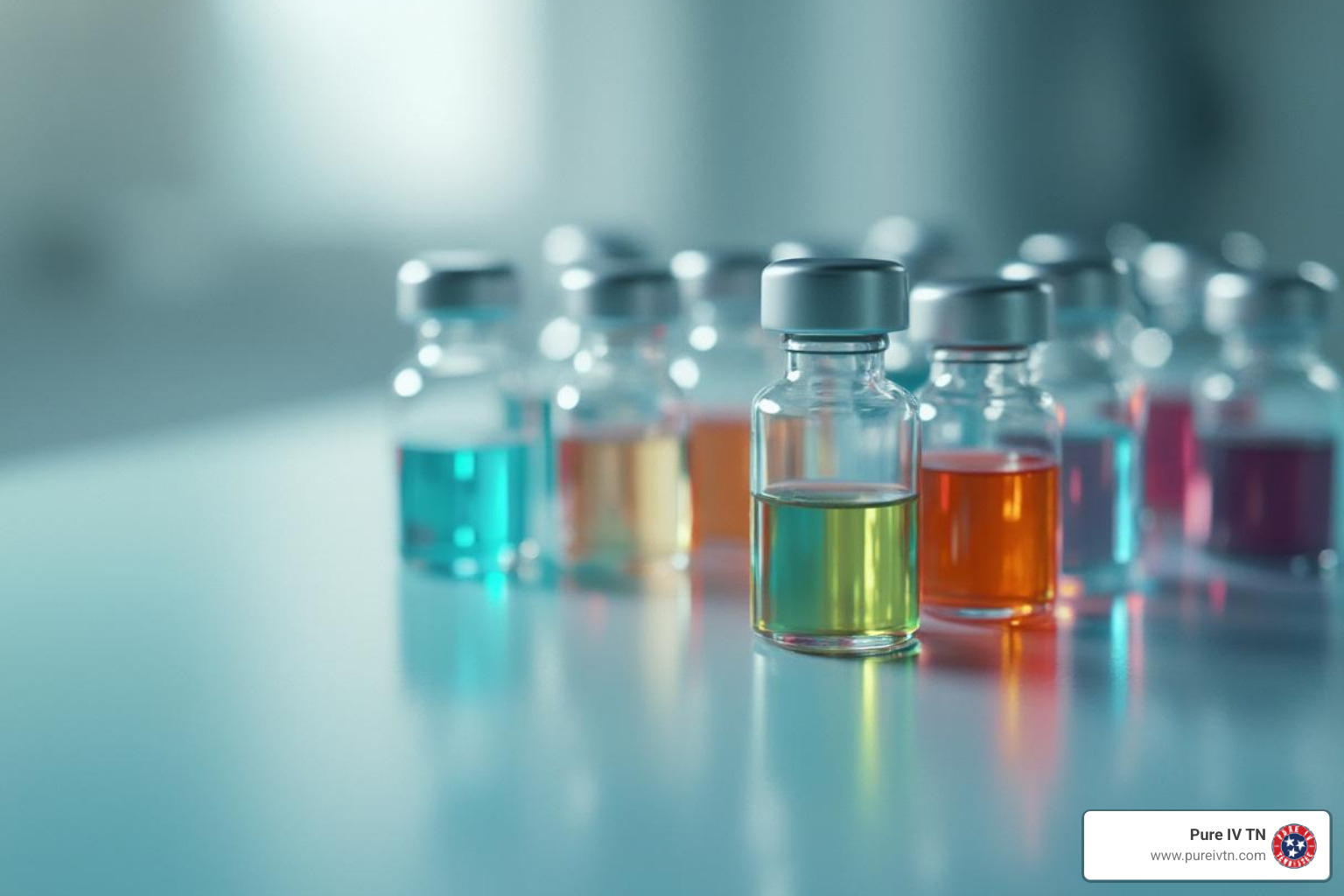 different IV medication vials labeled with generic names like 
