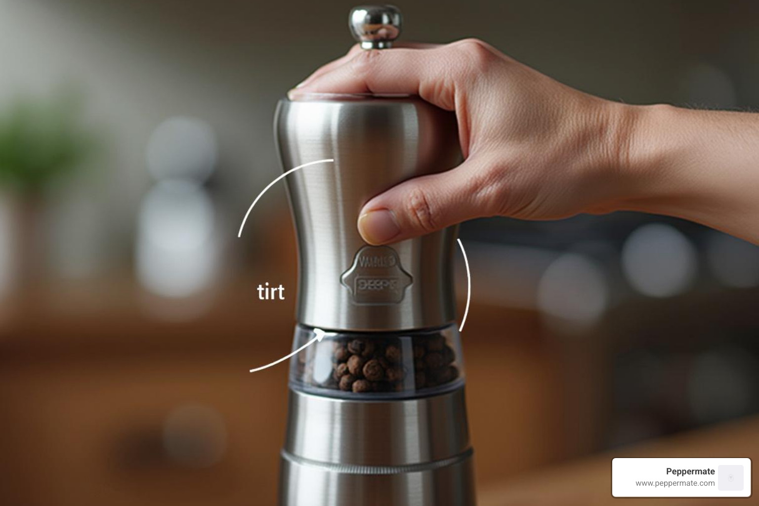 Hand turning a Peppermate pepper mill knob clockwise with an arrow indicating finer grind - how to adjust grind on pepper mill