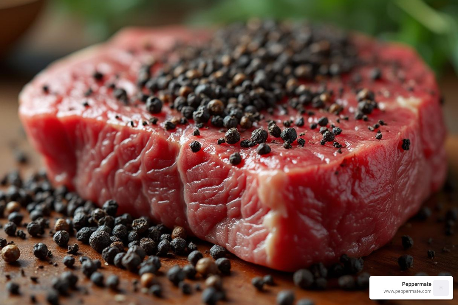Coarse, cracked pepper forming a crust on a raw steak - how to adjust grind on pepper mill