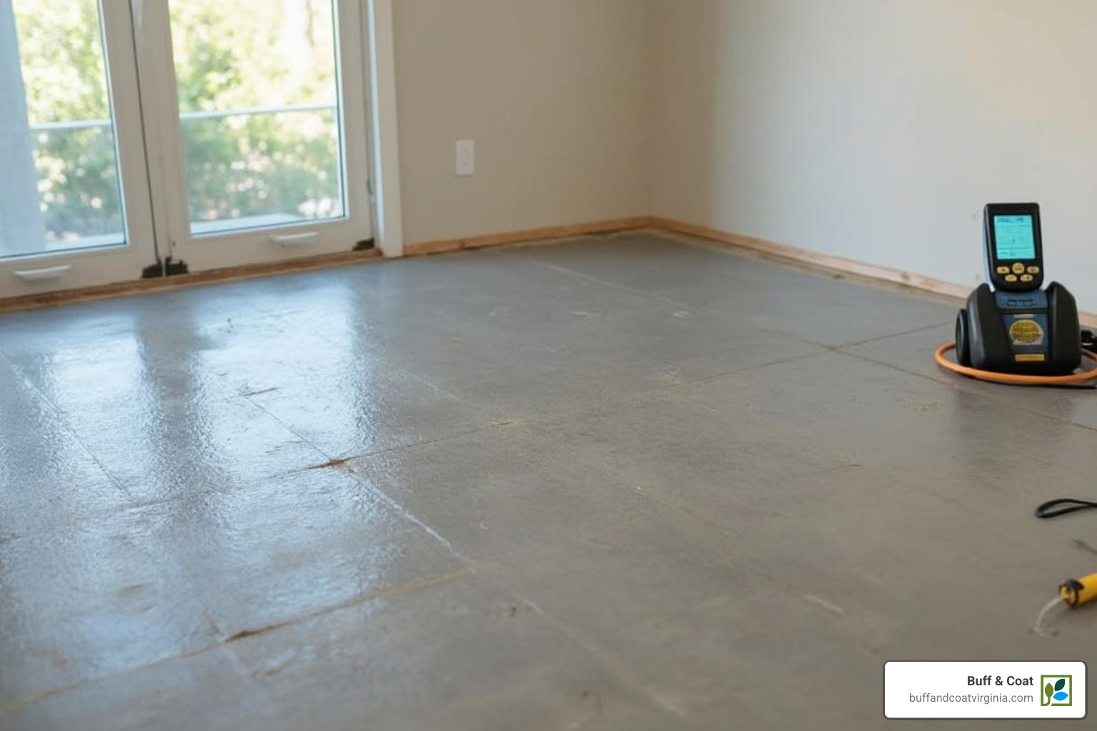A clean, perfectly level concrete subfloor with moisture testing equipment visible, emphasizing the importance of thorough preparation before installing hardwood floors. - best way to install hardwood floors on concrete A clean, perfectly level concrete subfloor with moisture testing equipment visible, emphasizing the importance of thorough preparation before installing hardwood floors. - best way to install hardwood floors on concrete