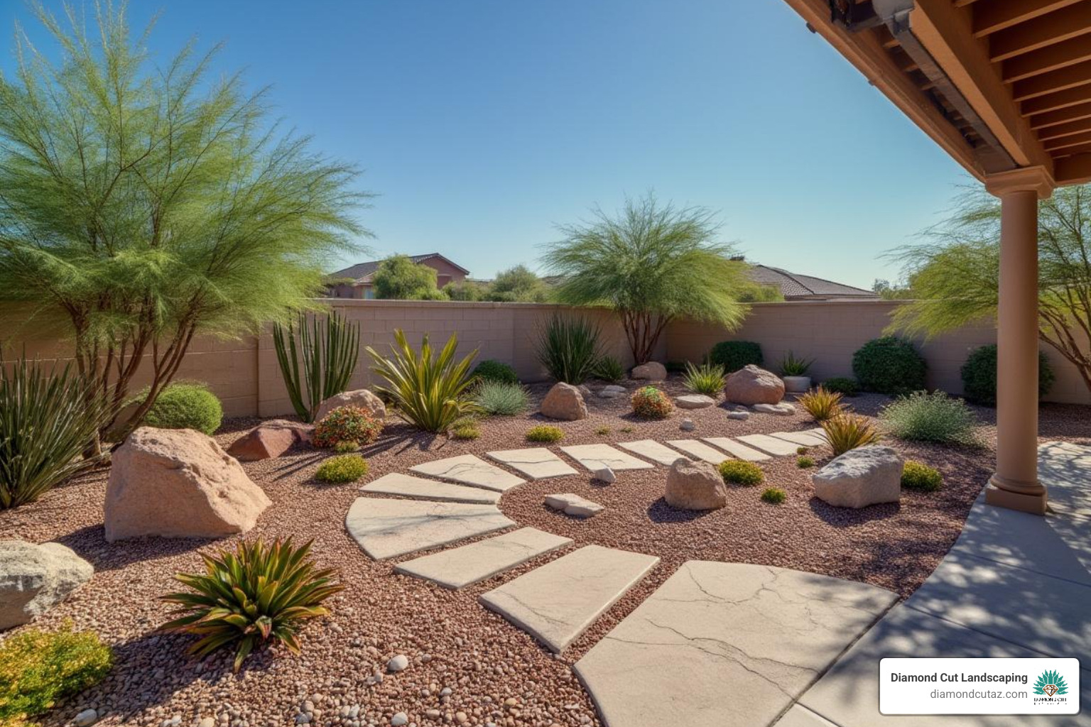 Beautiful, completed Phoenix landscape that showcases a mix of rock, plants, and hardscaping - bulk rock phoenix