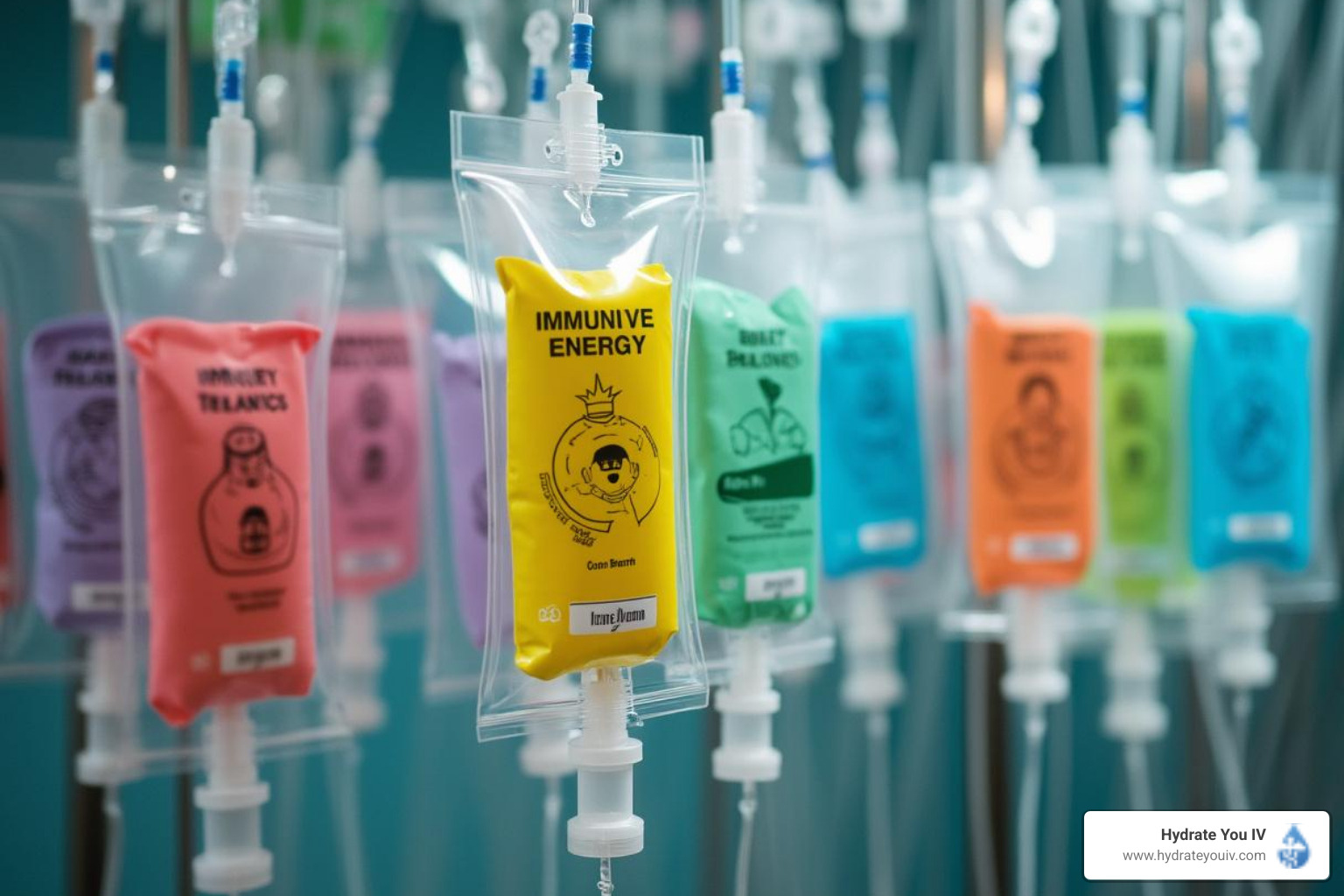 Different IV bags with labels like 'Immunity,' 'Energy,' and 'Recovery' - iv infusion okc