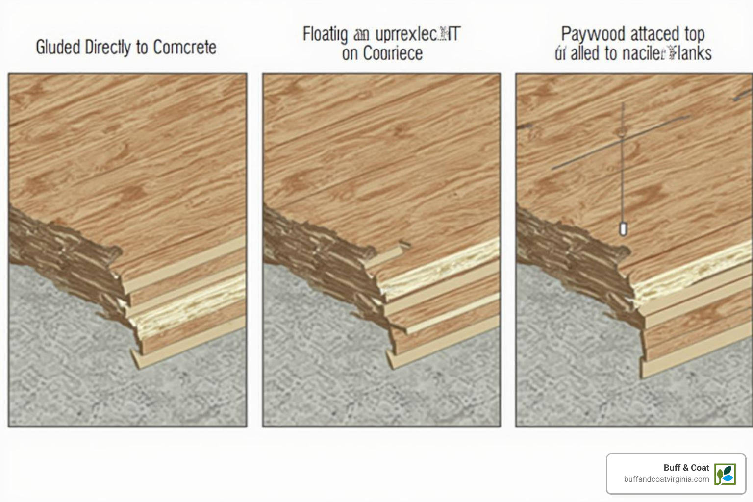Diagram illustrating the three main methods for installing hardwood floors on concrete: Glue-Down, Floating, and Plywood Subfloor (Nail-Down). - best way to install hardwood floors on concrete Diagram illustrating the three main methods for installing hardwood floors on concrete: Glue-Down, Floating, and Plywood Subfloor (Nail-Down). - best way to install hardwood floors on concrete