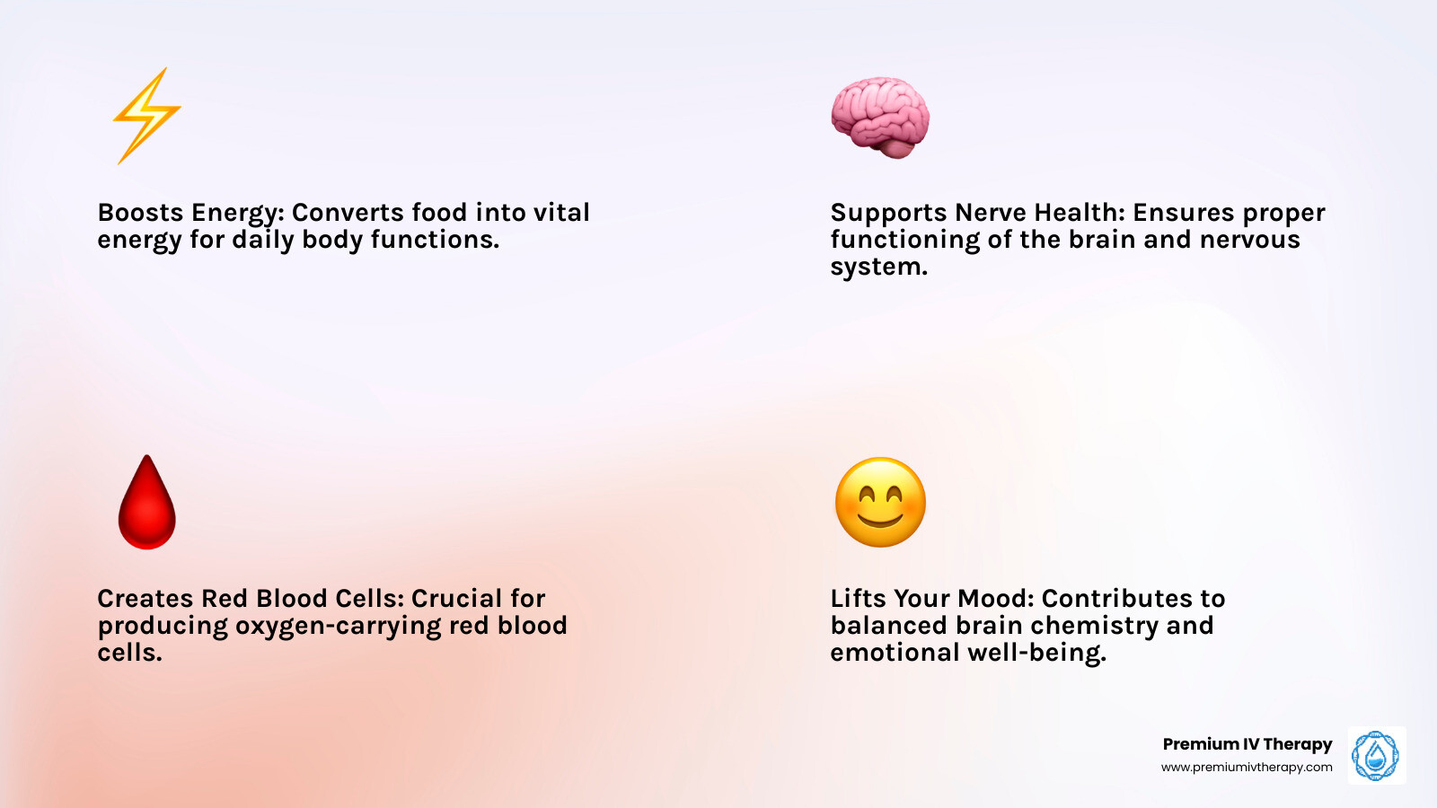 Infographic illustrating the top 5 health benefits of Vitamin B12: healthy red blood cells, strong nerve function, efficient energy production, robust DNA synthesis, and balanced mood - what is vitamin b12 good for infographic 4_facts_emoji_light-gradient