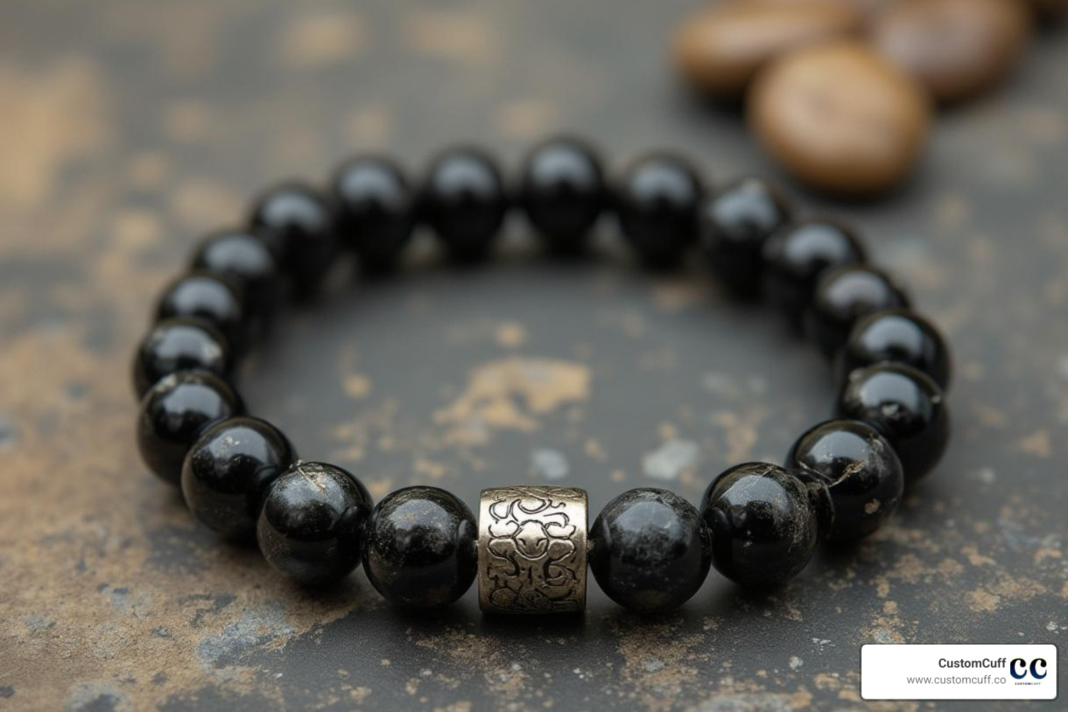 Beaded engraved bracelet for dad with onyx stones and metal bead
