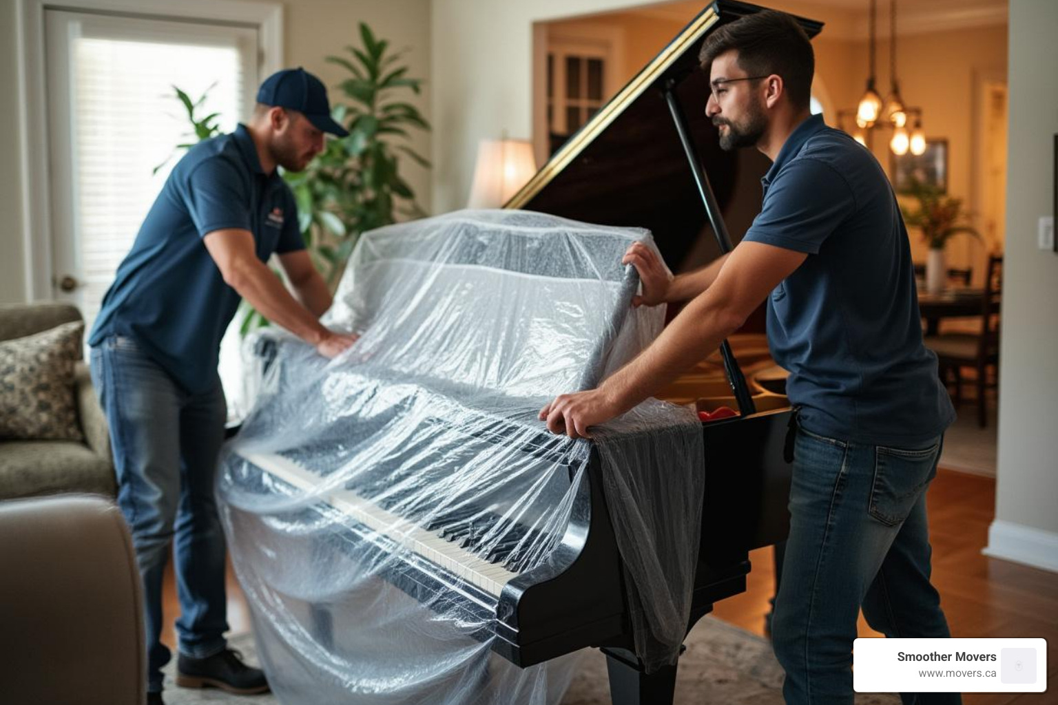 Smoother Movers team wrapping a grand piano - abbotsford piano moving services