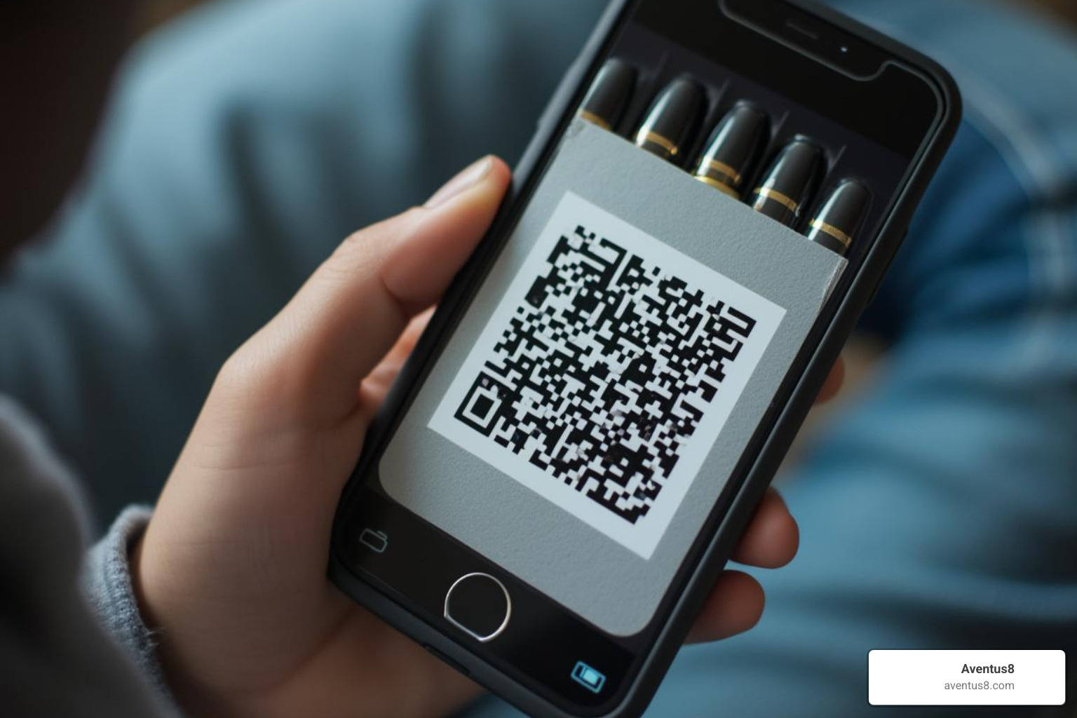 A QR code on vape cartridge packaging being scanned by a smartphone - Cheap THC vape cartridges