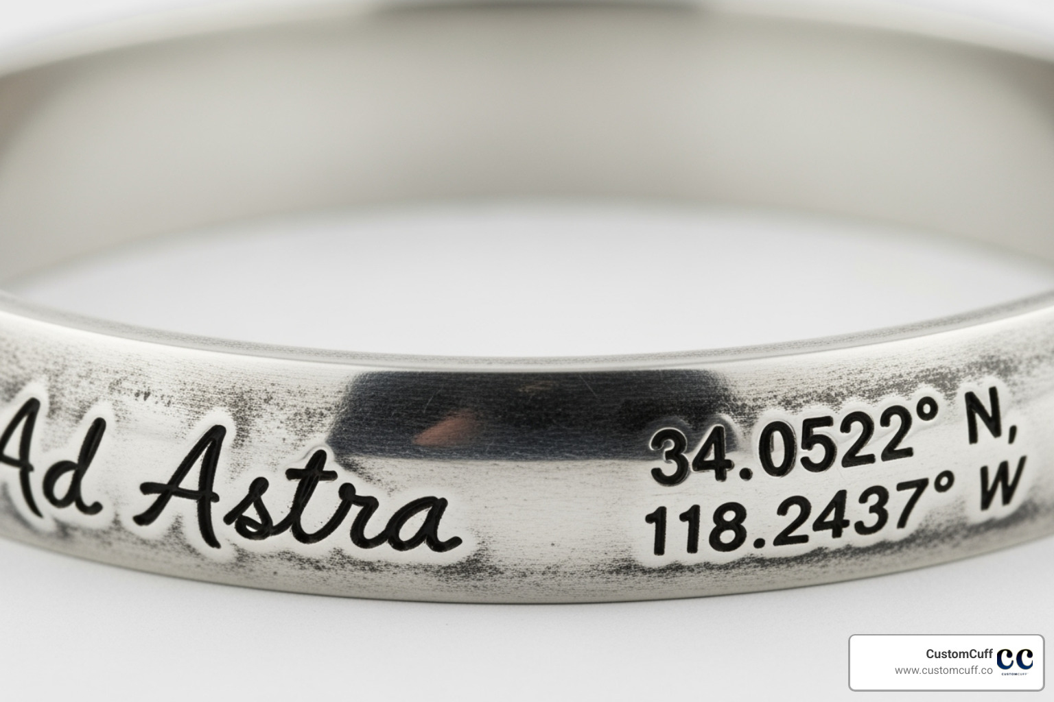 Close-up of a CustomCuff bracelet with unique engraving, such as handwritten text or geographic coordinates - engraved bracelet for boyfriend