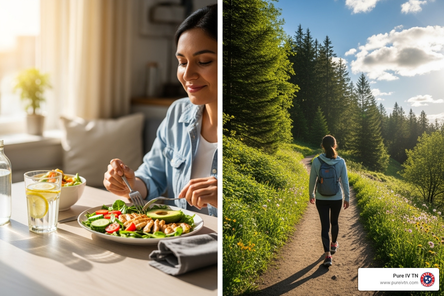 person enjoying healthy meal and person on a walk - iv to lose weight