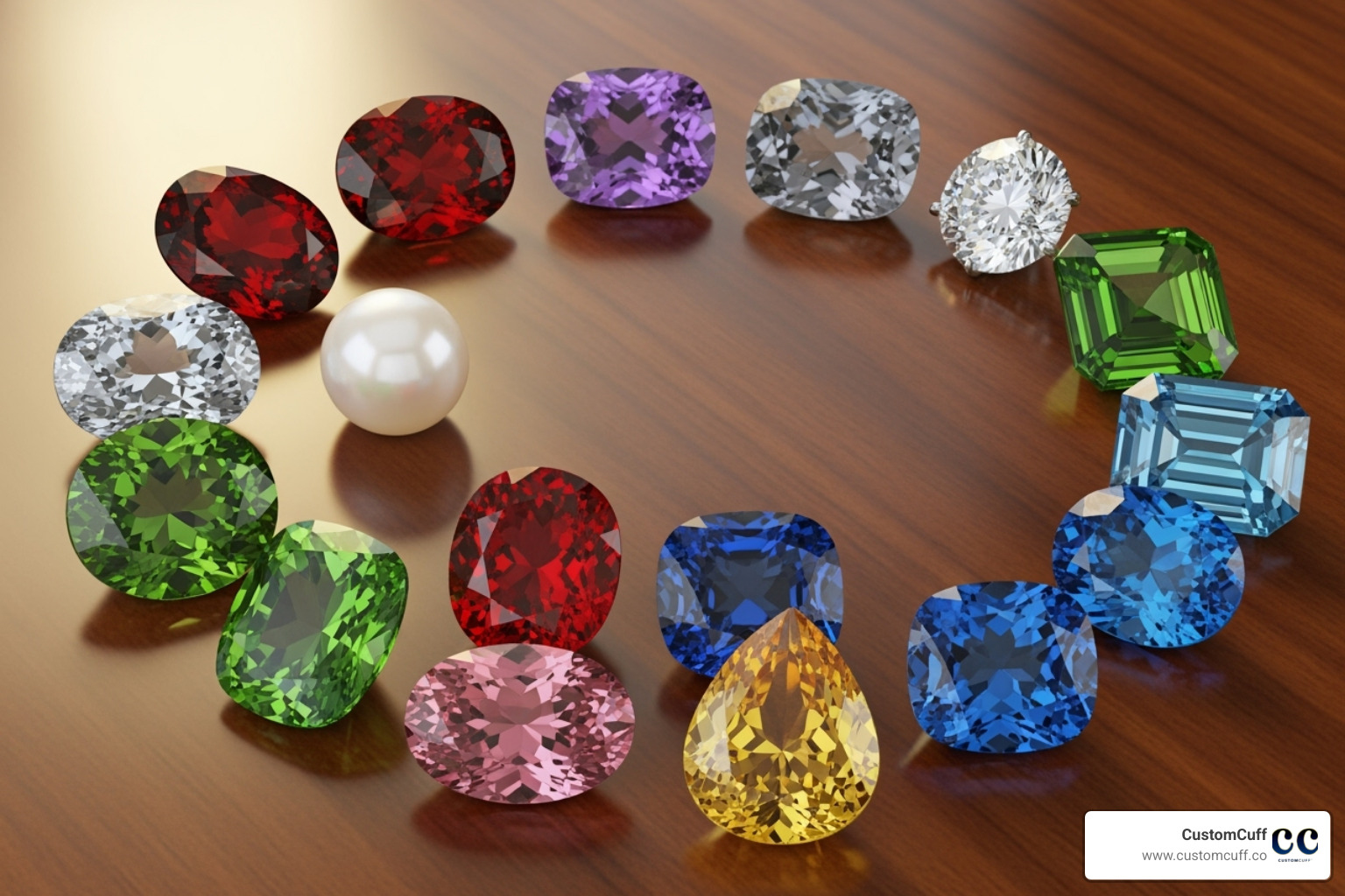 Colorful chart of 12 birthstones by month - engraved birthstone bracelet