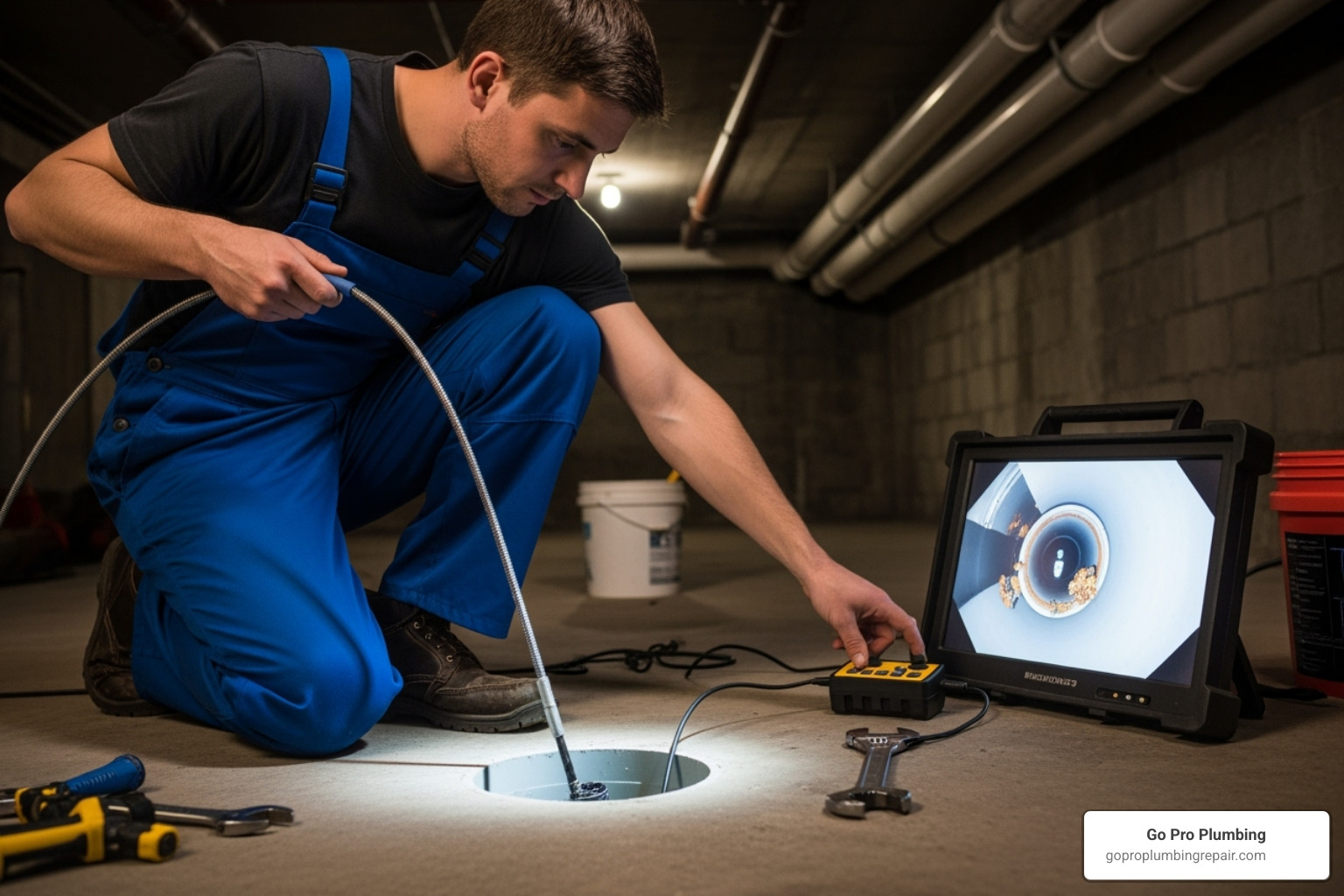 Plumber using a drain camera - drain cleaning