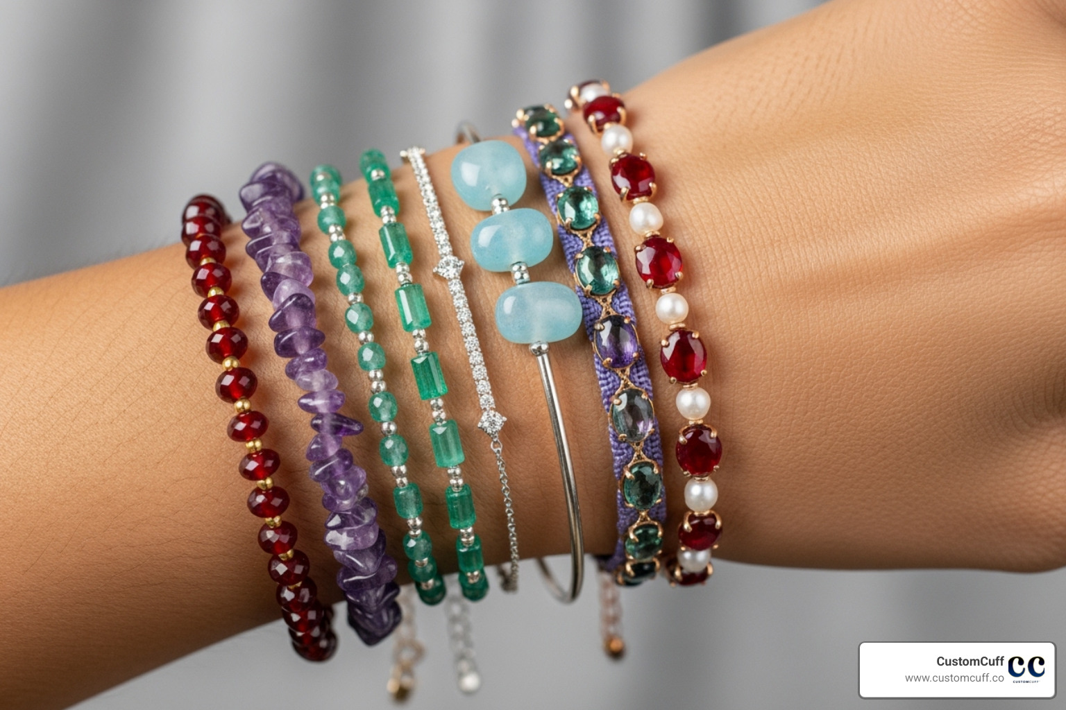 Hand displaying various birthstone bracelet styles - engraved birthstone bracelet