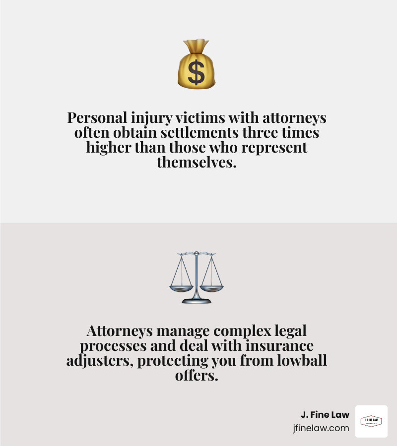 Infographic showing that personal injury victims with attorneys often obtain settlements three times higher than those who represent themselves, and how attorneys deal with insurance companies and legal processes. - Philadelphia injury law firm infographic 2_facts_emoji_grey