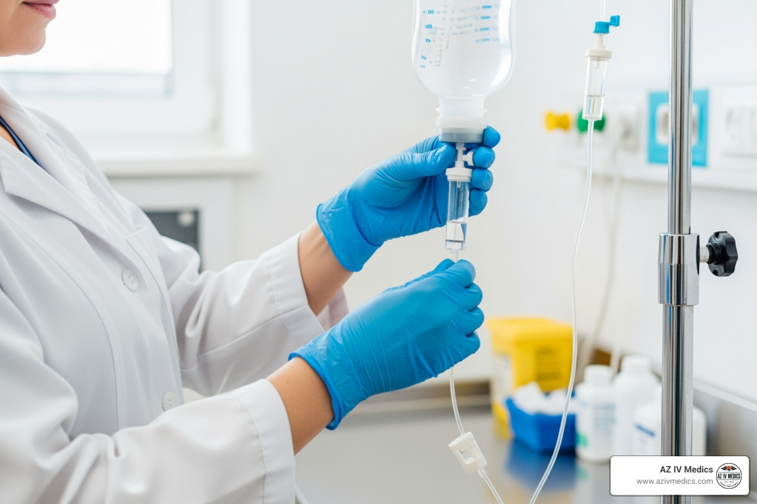 healthcare professional preparing an IV bag in a clean environment - iv vitamin d dose