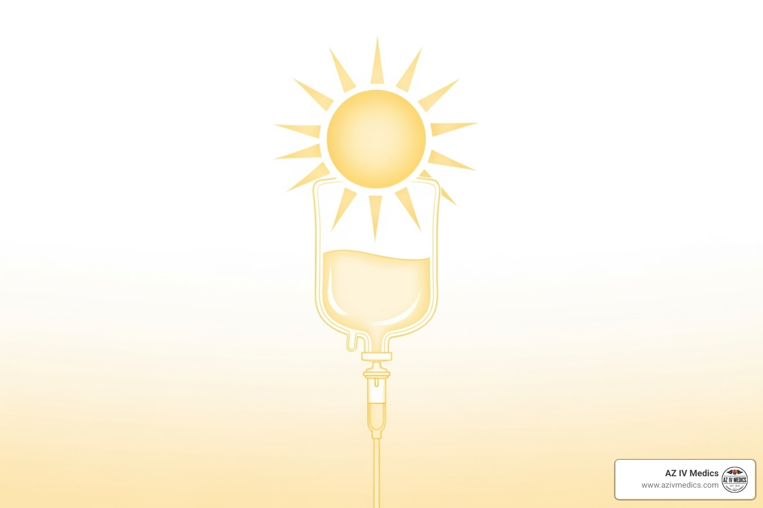 stylized sun and an IV drip bag, symbolizing IV vitamin D therapy - iv vitamin d dose