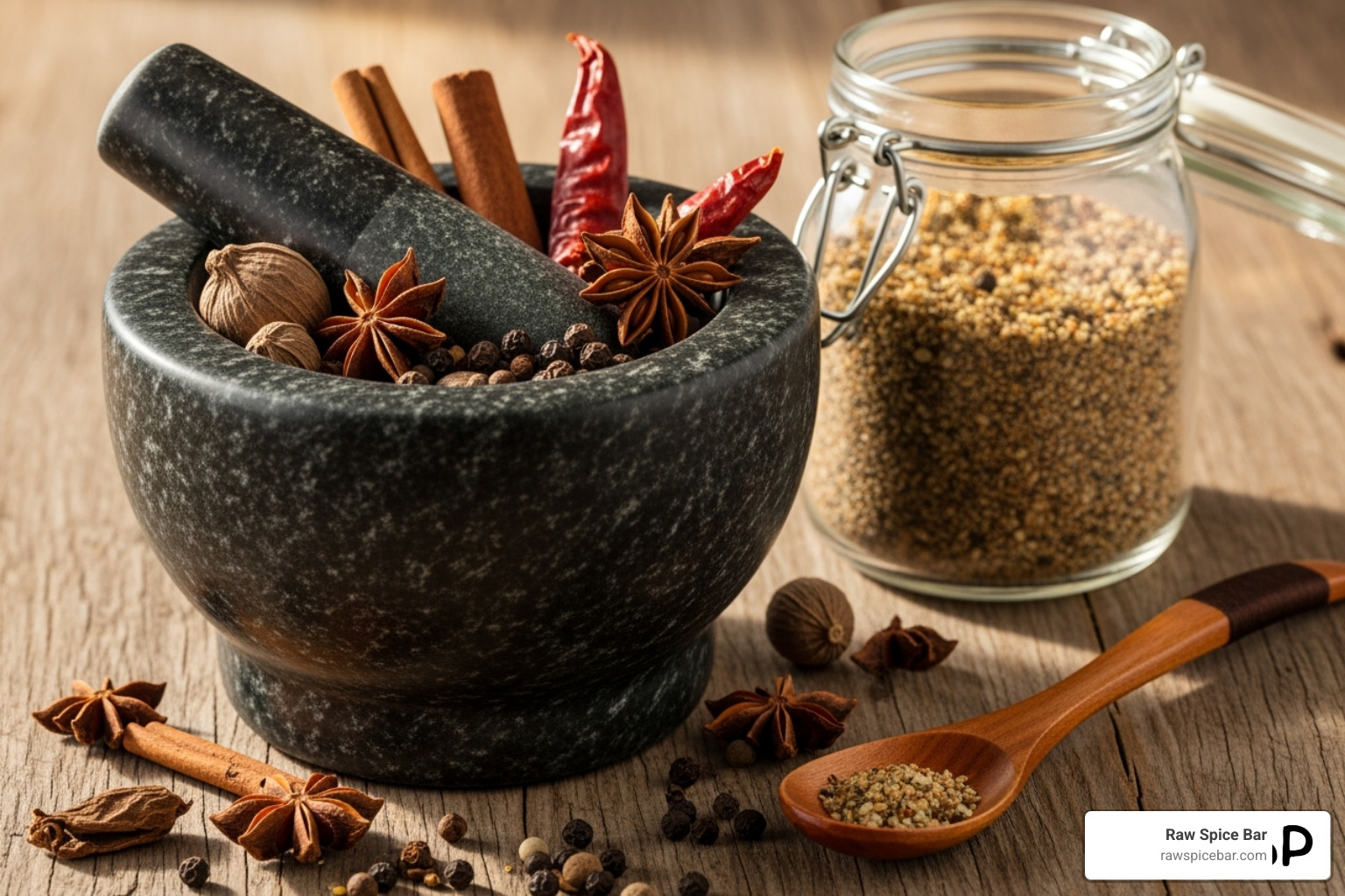mortar and pestle with whole spices next to a jar of homemade seasoning blend - Poultry seasoning for fried chicken