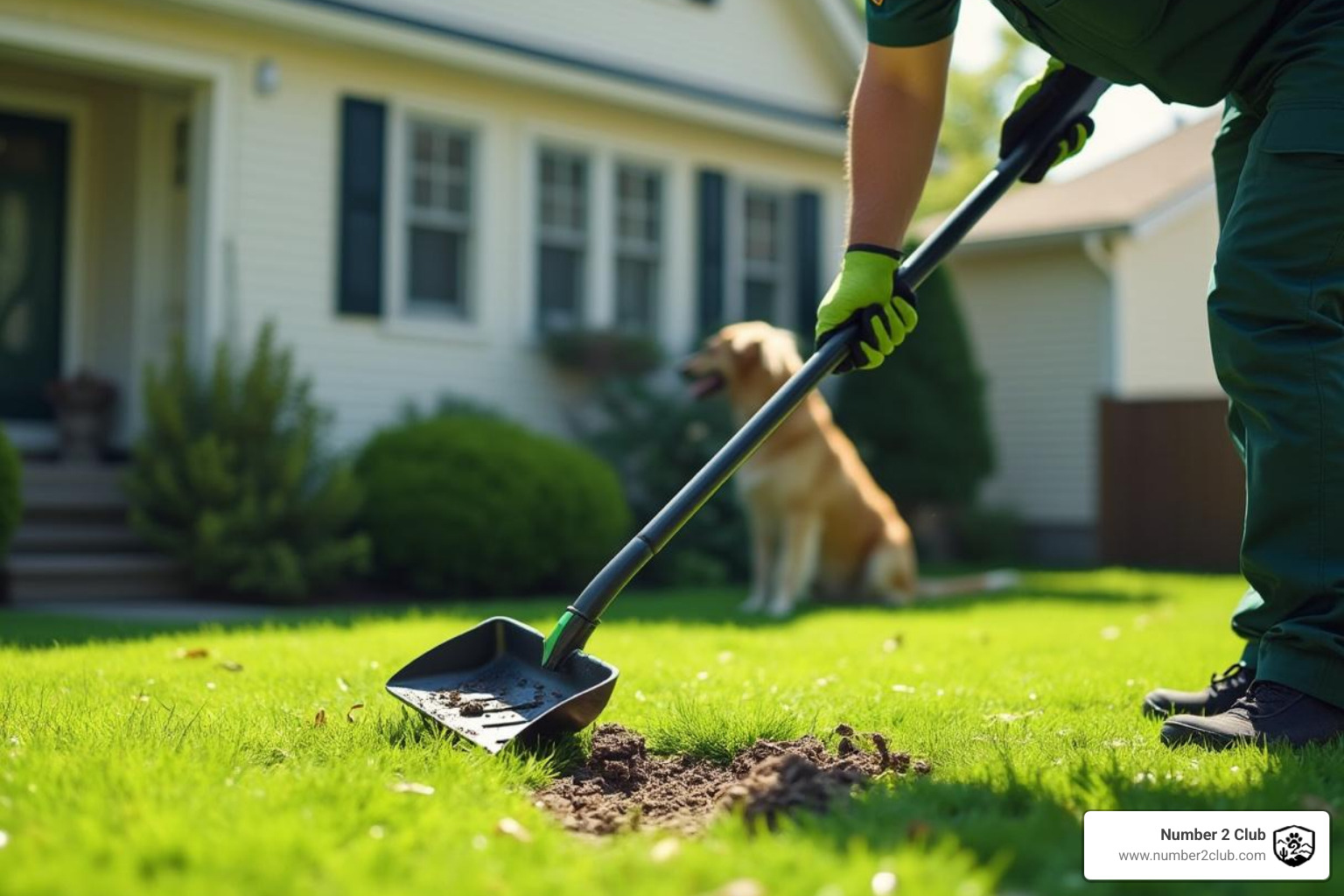 Uniformed technician cleaning a yard with professional tools - dog poop picker upper service near me