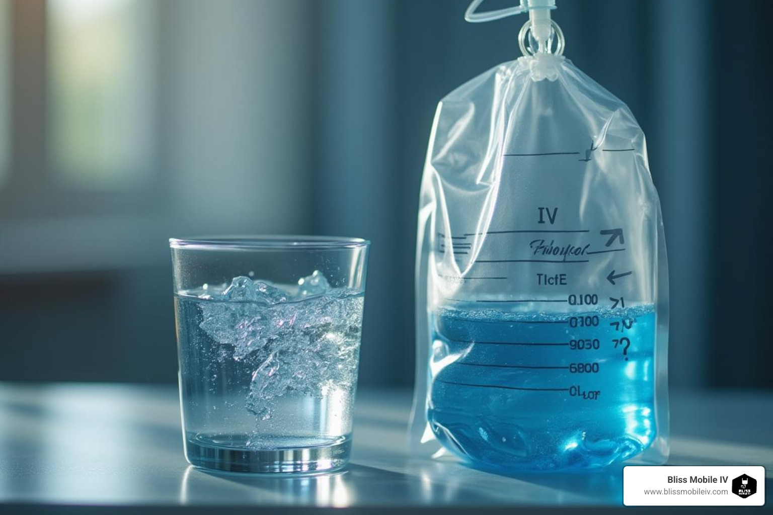glass of water next to an IV bag to contrast oral vs. intravenous hydration - iv therapy for morning sickness