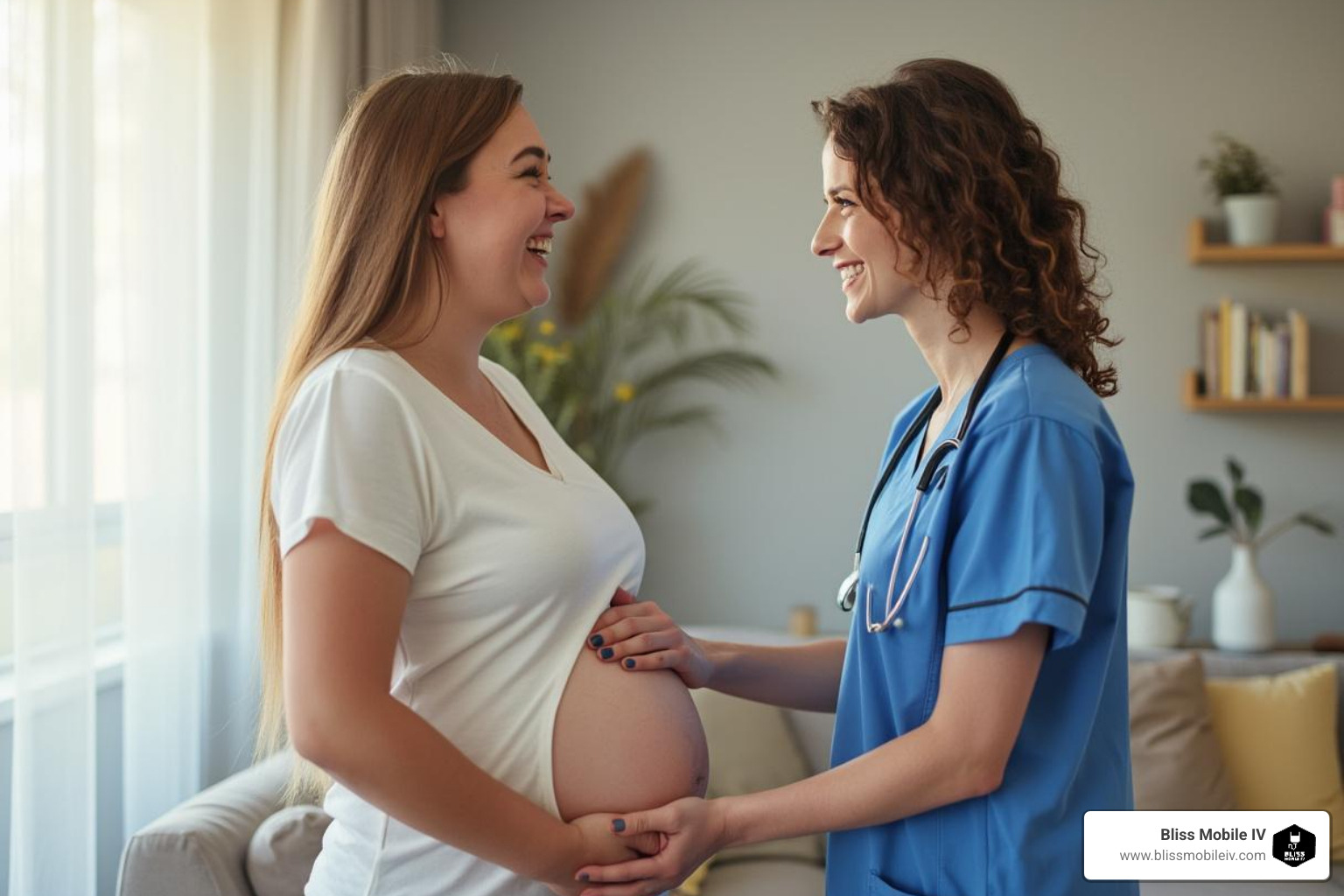 friendly nurse talking with a pregnant patient at home - iv therapy for morning sickness