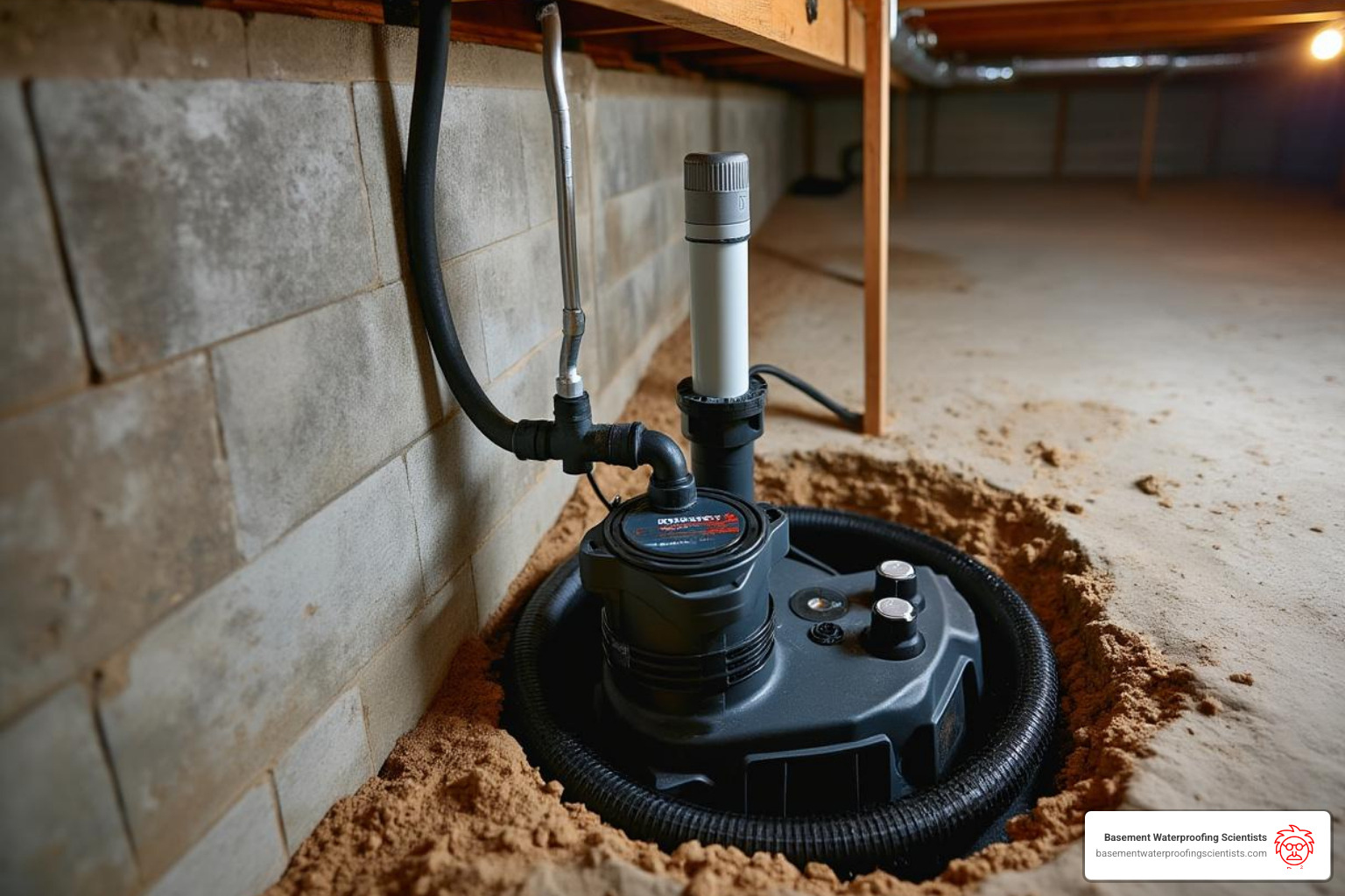 modern sump pump system with a battery backup installed in a clean crawl space - crawl space drainage systems