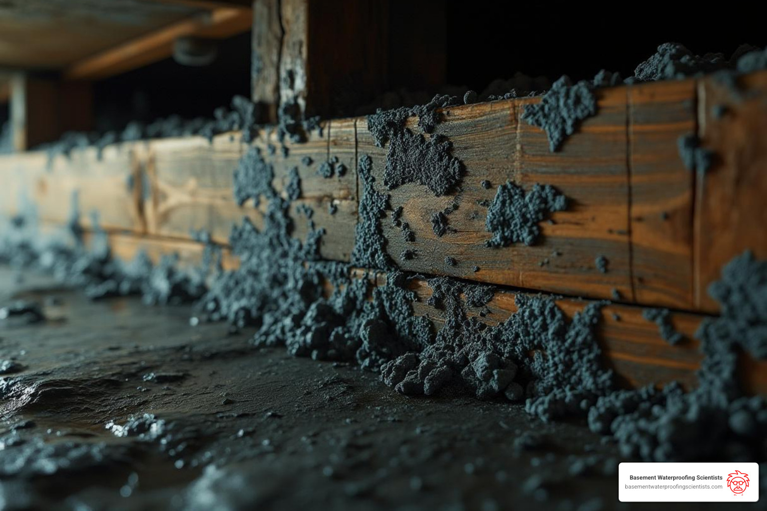 visible mold growth on a wooden beam in a crawl space - crawl space drainage systems