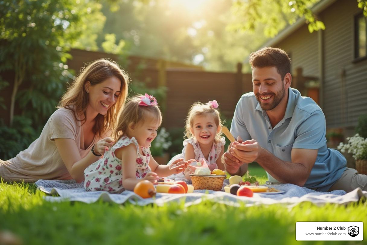 Family enjoying a picnic in their clean backyard - dog poop picker upper service near me