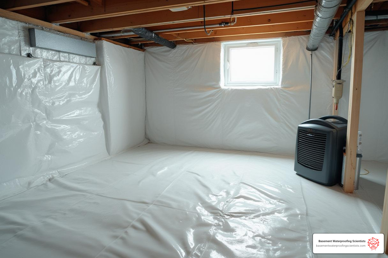 fully encapsulated crawl space showing the white vapor barrier, sealed vents, and a dehumidifier - crawl space drainage systems