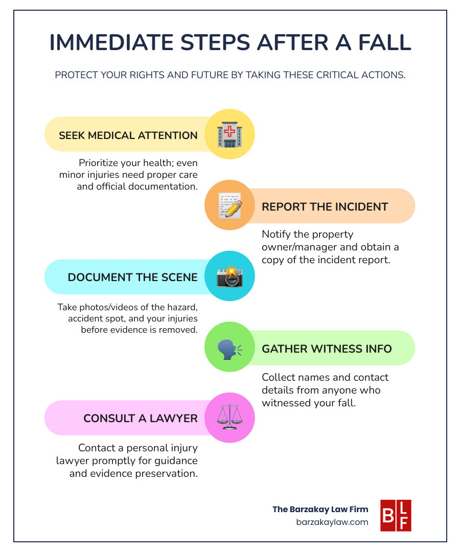 Infographic showing 5 immediate steps to take after a slip and fall accident: 1. Seek medical attention. 2. Report the incident. 3. Document the scene with photos/videos. 4. Gather witness information. 5. Contact a personal injury lawyer for guidance. - slip and fall legal advice infographic infographic-line-5-steps-colors