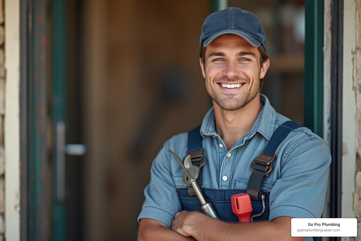 friendly, uniformed plumber with tools, smiling at a customer's door - 24 hour plumber rancho cordova