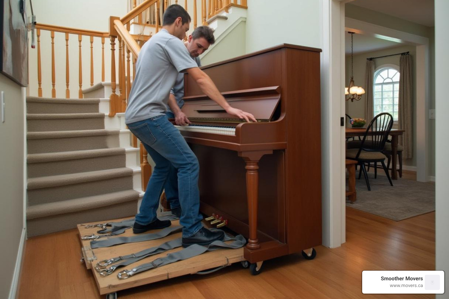 Smoother Movers using a piano skid on stairs - abbotsford piano moving services
