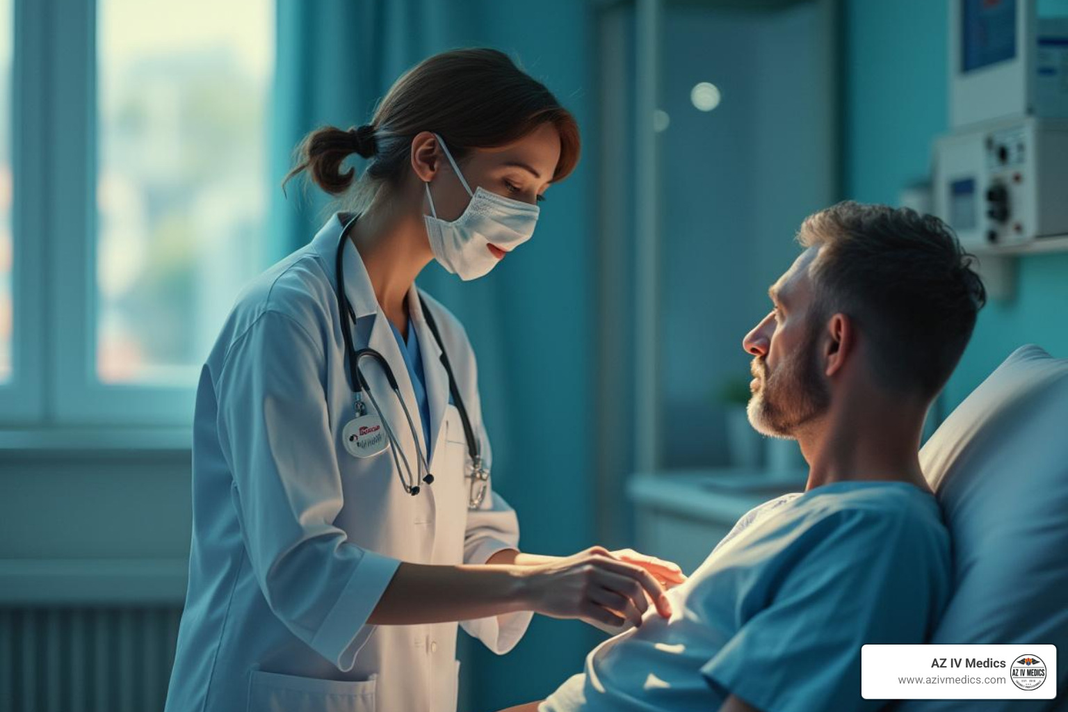 A nurse checking a patient's vitals - moderate dehydration fluid replacement