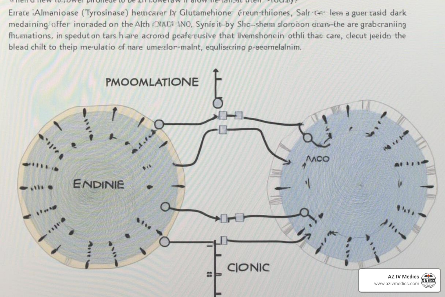 Diagram illustrating how glutathione inhibits tyrosinase and shifts melanin production from eumelanin to pheomelanin. - glutathione skin lightening IV
