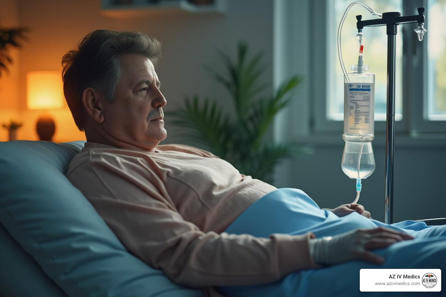 patient comfortably receiving an IV drip at home - iv vitamin d dose