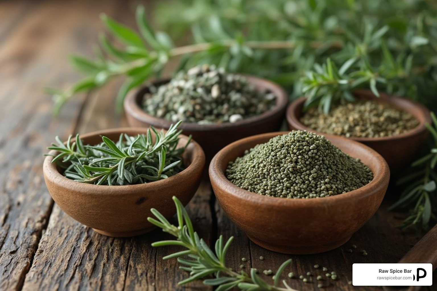 classic poultry seasoning herbs like sage, thyme, and rosemary in small bowls - Poultry seasoning for fried chicken