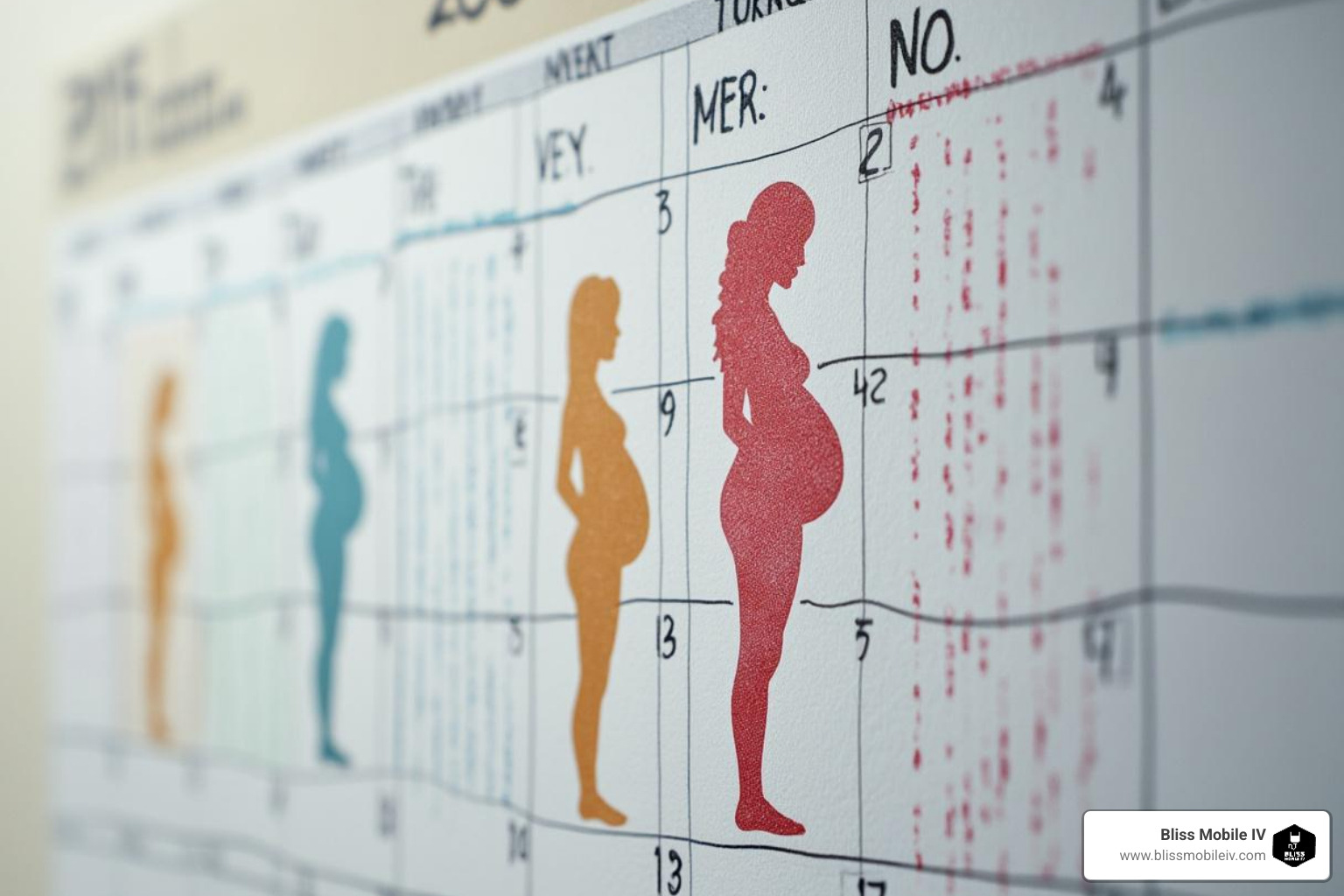 calendar highlighting the first and second trimesters of pregnancy - iv therapy for morning sickness