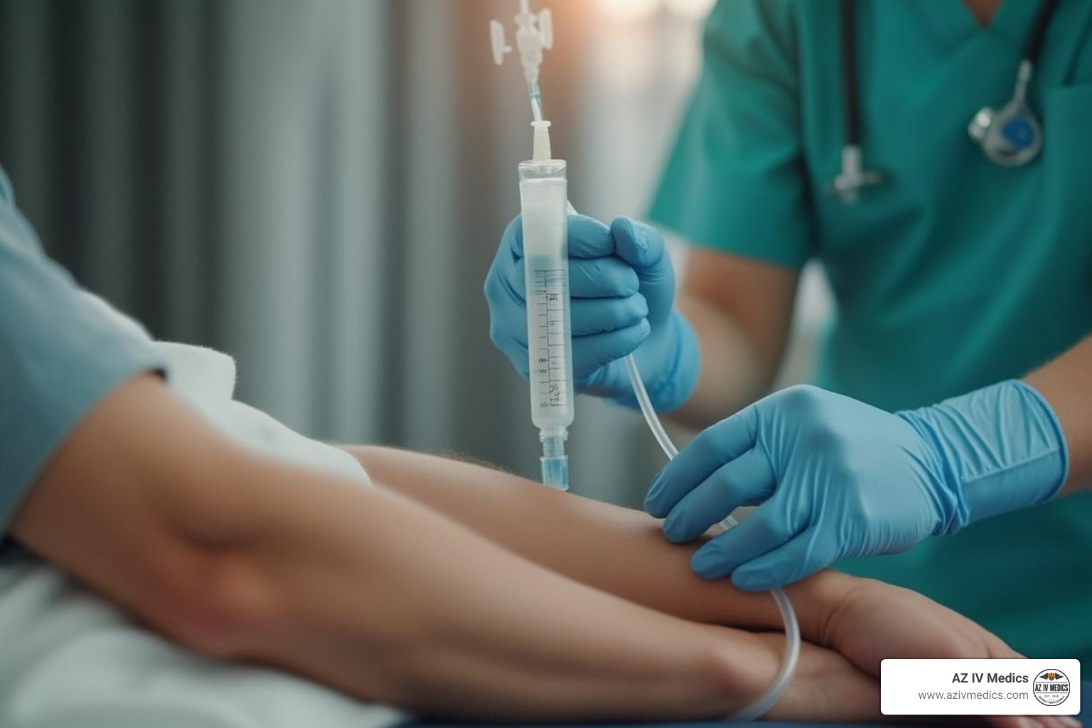 A healthcare professional administering an IV drip - moderate dehydration fluid replacement