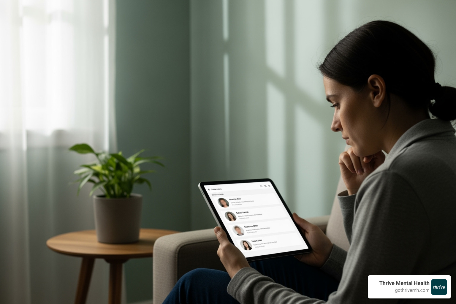 A person browsing an online therapist directory on a tablet, with a focused and contemplative expression - Indiana Virtual Therapy